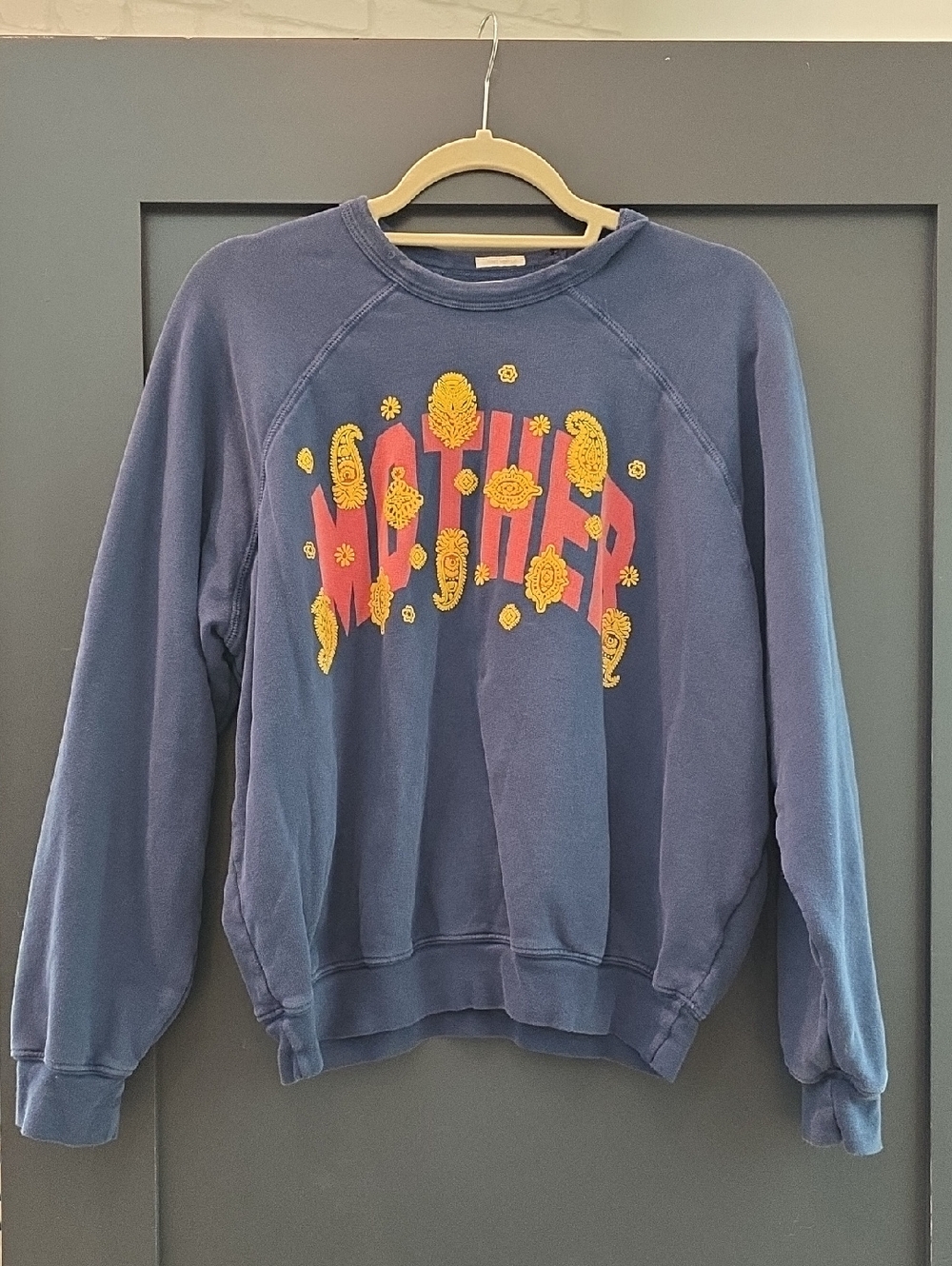 MOTHER Navy Crewneck Sweatshirt with Pink and Yellow Graphic